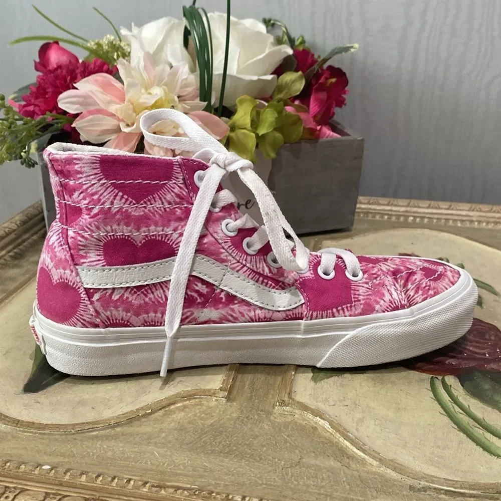 Vans Off the Wall Sk8-Hi Tapered Tie-Dye Hearts Fuchsia Pink Men 5.5 Women 7 - Picture 3 of 13
